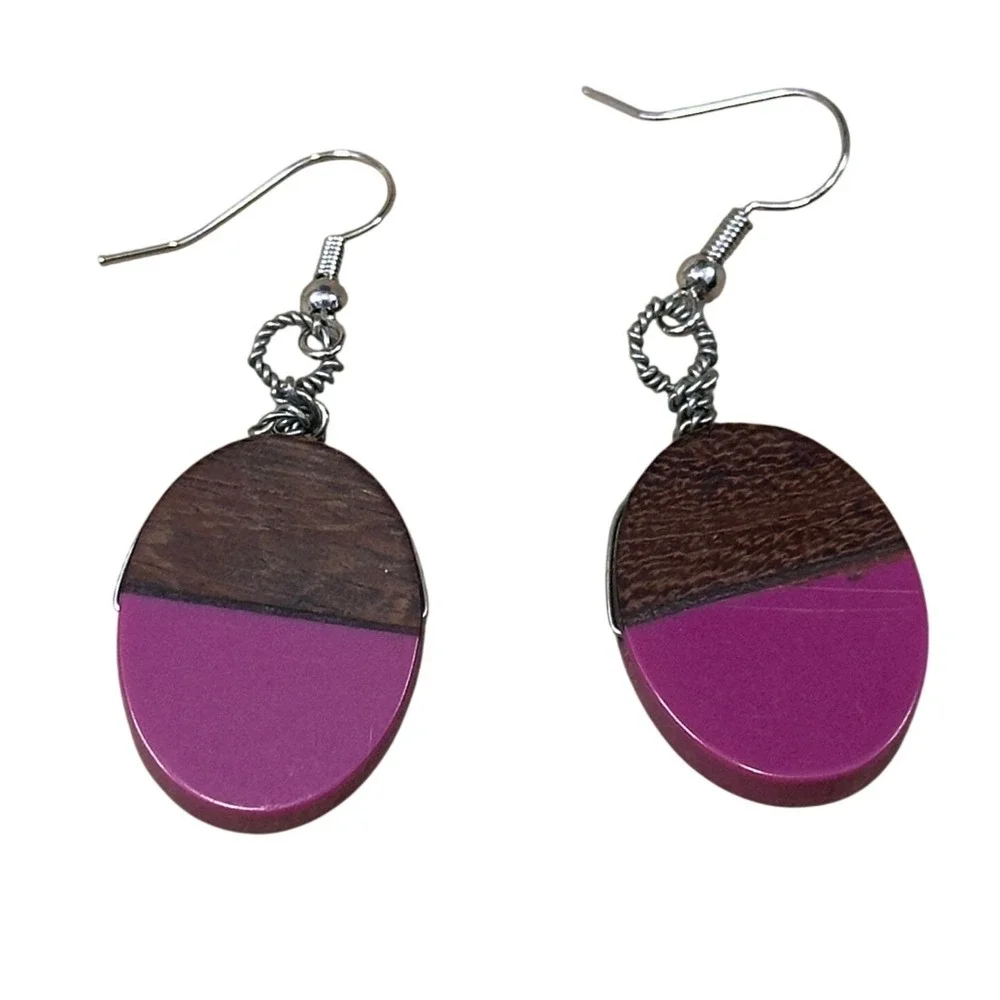 Handcrafted Wood and Magenta Resin‎ Oval Drop Earrings Silver Hook Dangle Boho